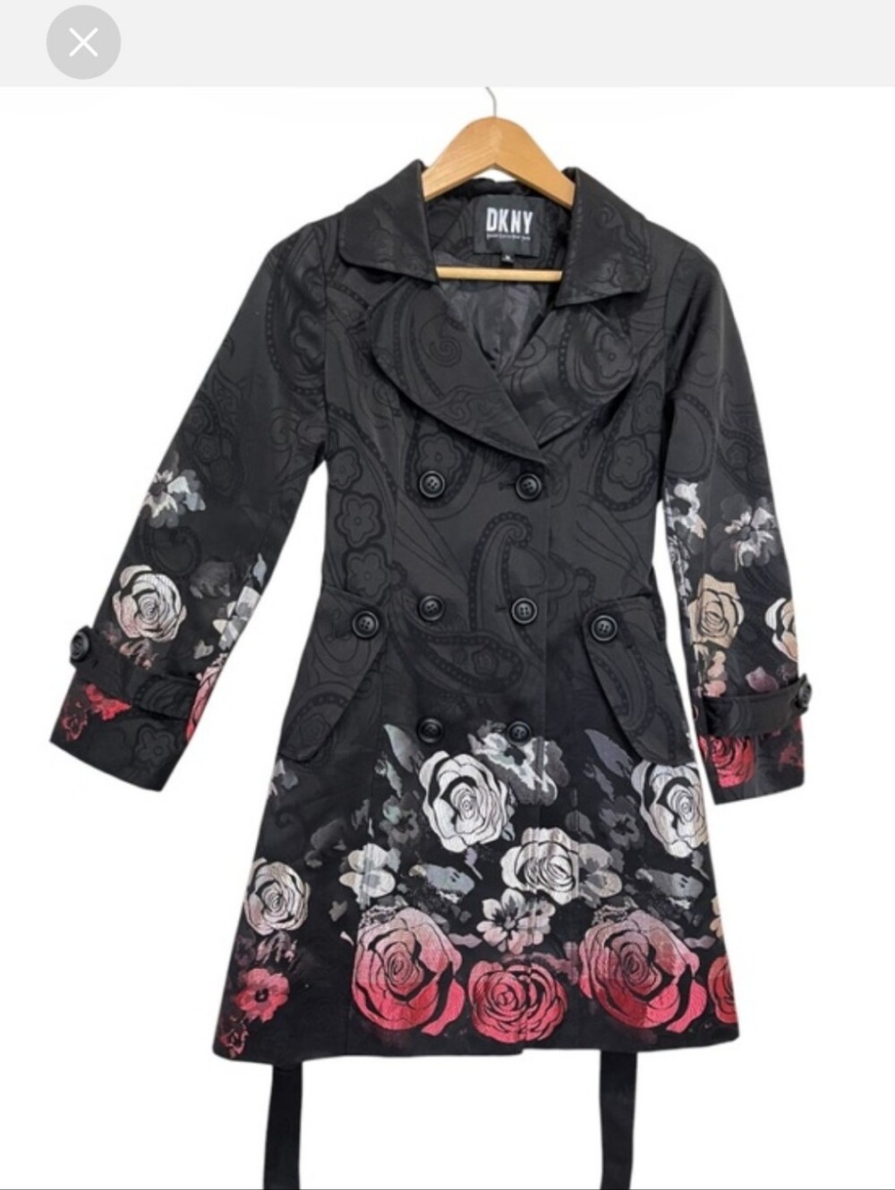 DKNY Black Floral Double-Breasted Trench with Red and White Roses